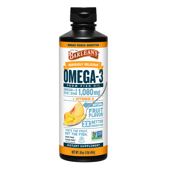 Seriously Delicious Omega-3 from Fish Oil 16 oz by Barlean's Organic Oils mango peach smoothie packaging