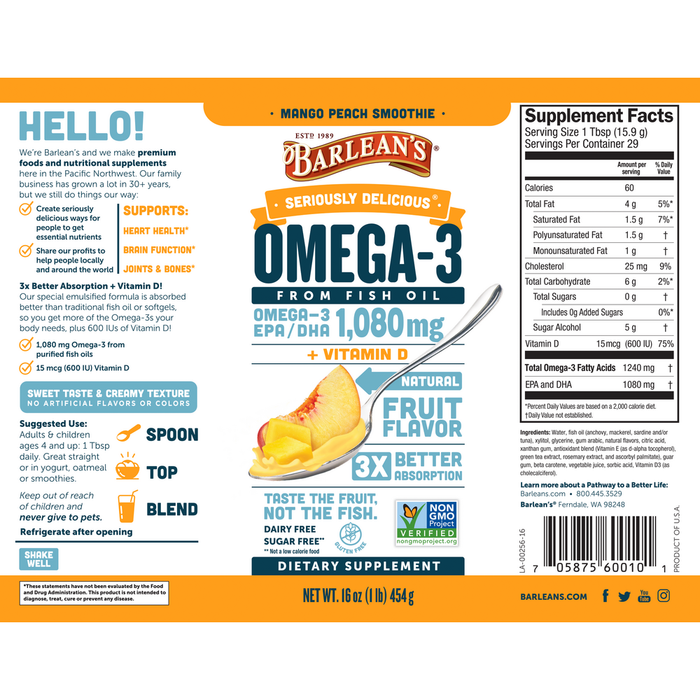 Seriously Delicious Omega-3 from Fish Oil 16 oz by Barlean's Organic Oils mango peach smoothie supplement facts label