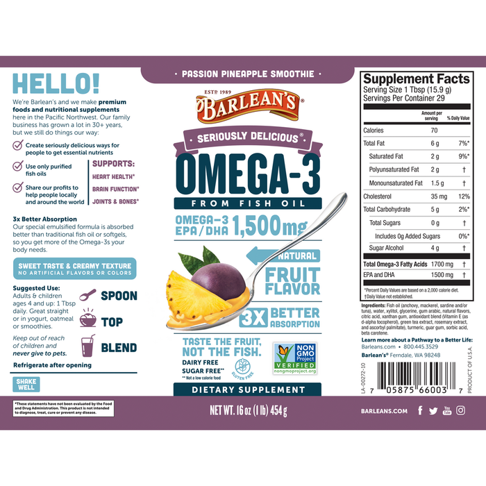 Seriously Delicious Omega-3 from Fish Oil 16 oz by Barlean's Organic Oils passion pineapple smoothie supplement facts label