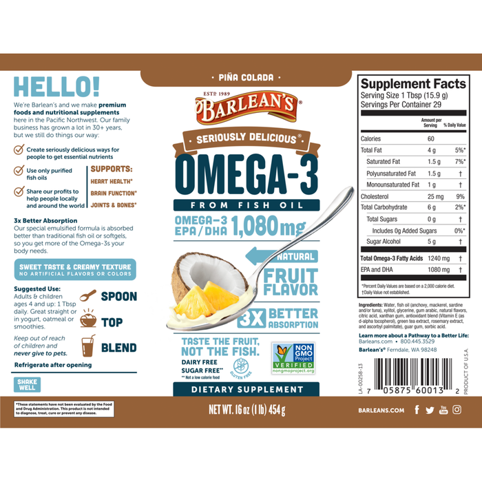 Seriously Delicious Omega-3 from Fish Oil 16 oz by Barlean's Organic Oils pina colada supplement facts label