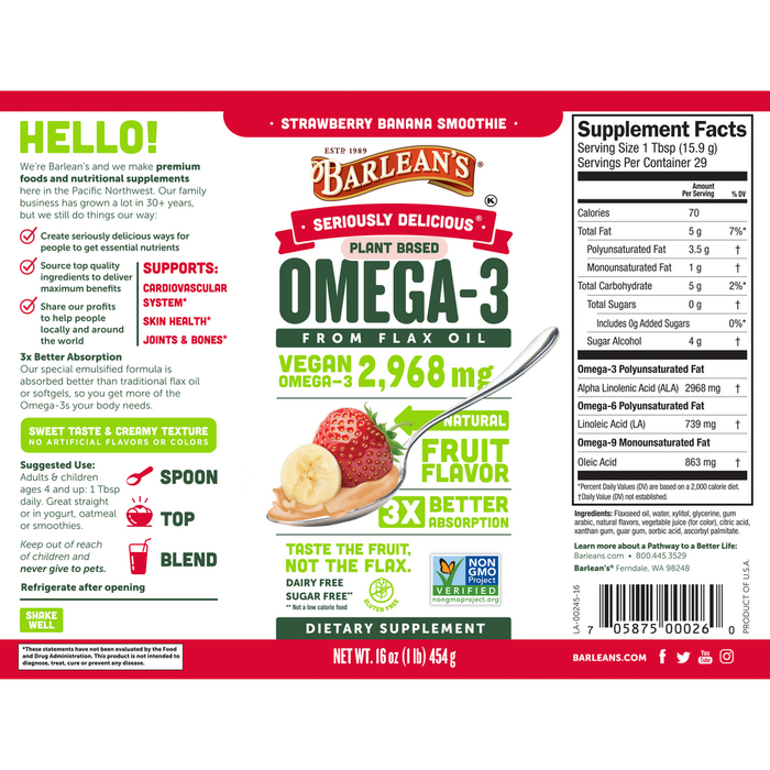 Seriously Delicious Omega-3 from Fish Oil 16 oz by Barlean's Organic Oils strawberry banana smoothie supplement facts label