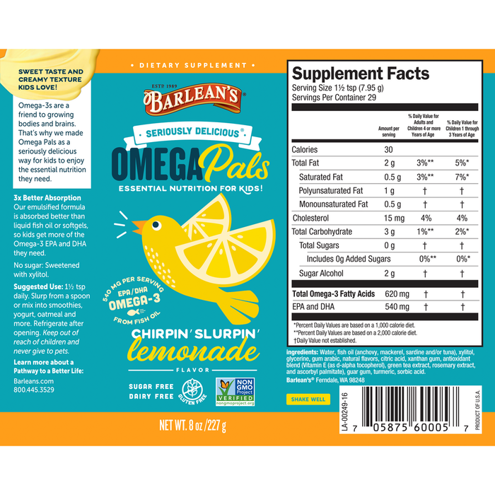 Seriously Delicious Omega Pals Chirpin' Slurpin' Lemonade Fish Oil 8 oz by Barelean's Organic Oils recommendations label