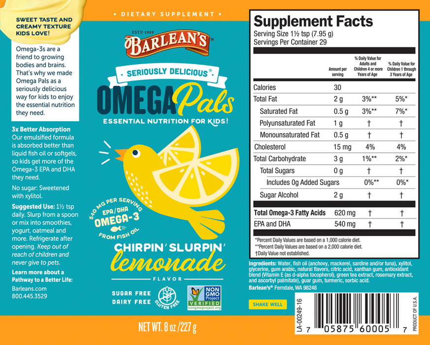 Seriously Delicious Omega Pals Chirpin' Slurpin' Lemonade Fish Oil 8 oz by Barelean's Organic Oils recommendations label