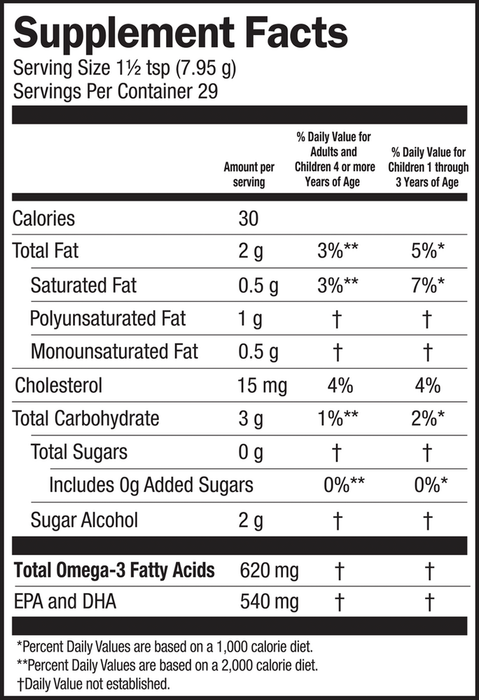 Seriously Delicious Omega Pals Chirpin' Slurpin' Lemonade Fish Oil 8 oz by Barelean's Organic Oils supplement facts label 