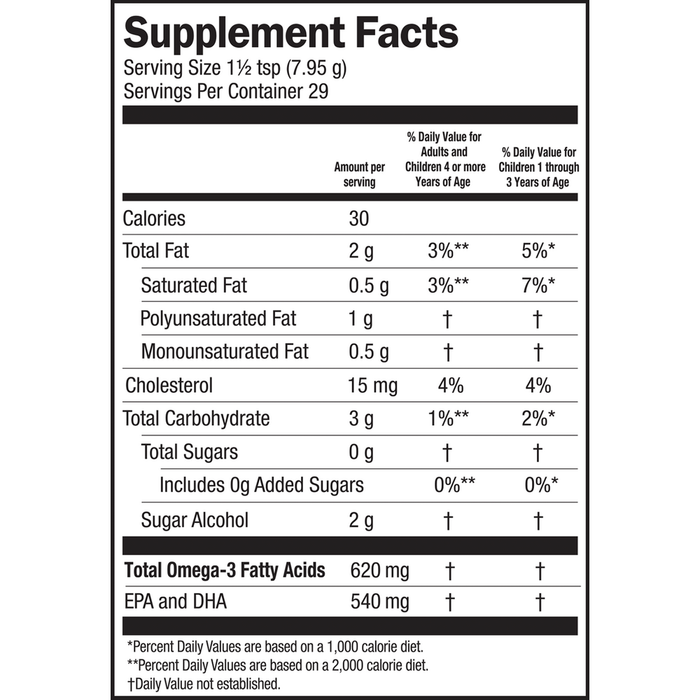 Seriously Delicious Omega Pals Chirpin' Slurpin' Lemonade Fish Oil 8 oz by Barelean's Organic Oils supplement facts label 
