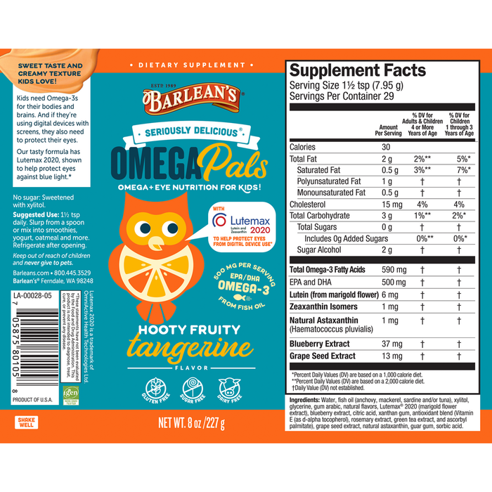Seriously Delicious Omega Pals Hooty Fruity Tangerine Fish Oil + Eye Nutrition 8 oz by Barlean's Organic Oils recommendations label
