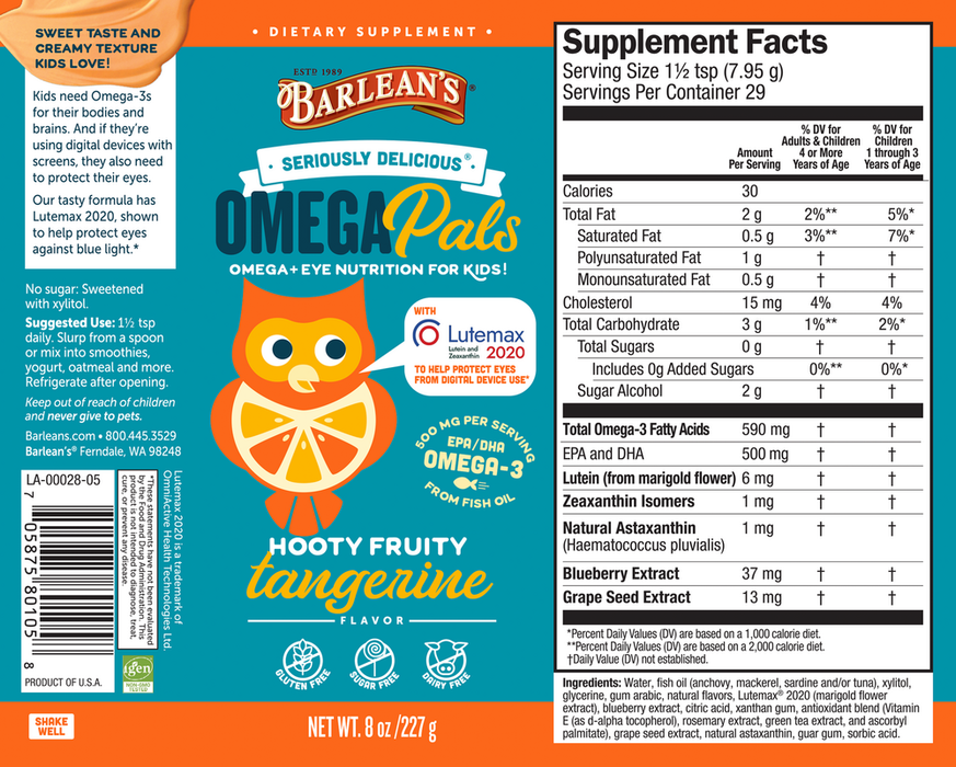 Seriously Delicious Omega Pals Hooty Fruity Tangerine Fish Oil + Eye Nutrition 8 oz by Barlean's Organic Oils recommendations label