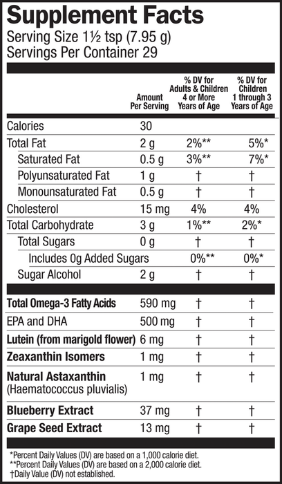 Seriously Delicious Omega Pals Hooty Fruity Tangerine Fish Oil + Eye Nutrition 8 oz by Barlean's Organic Oils supplement facts label