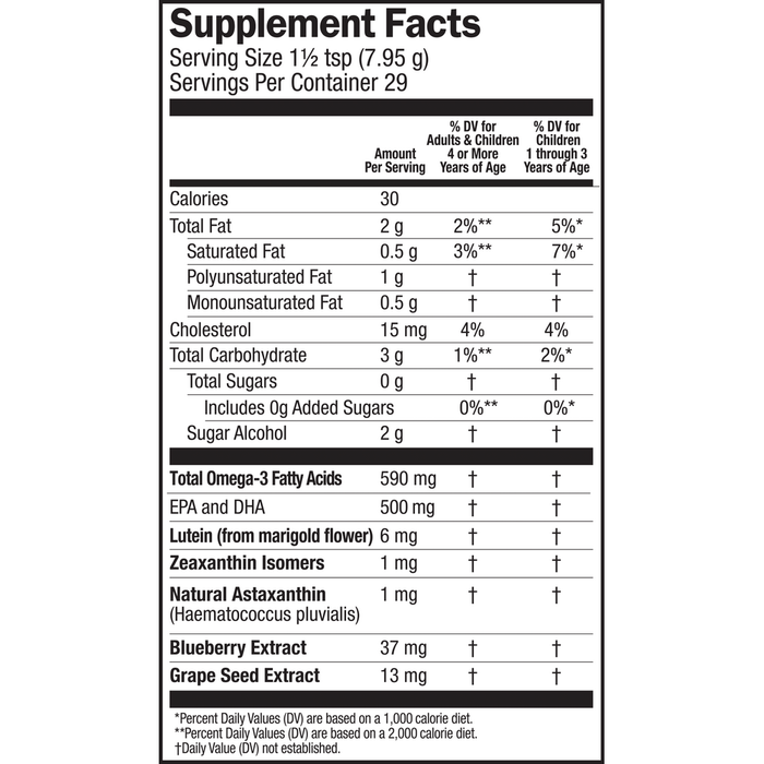 Seriously Delicious Omega Pals Hooty Fruity Tangerine Fish Oil + Eye Nutrition 8 oz by Barlean's Organic Oils supplement facts label