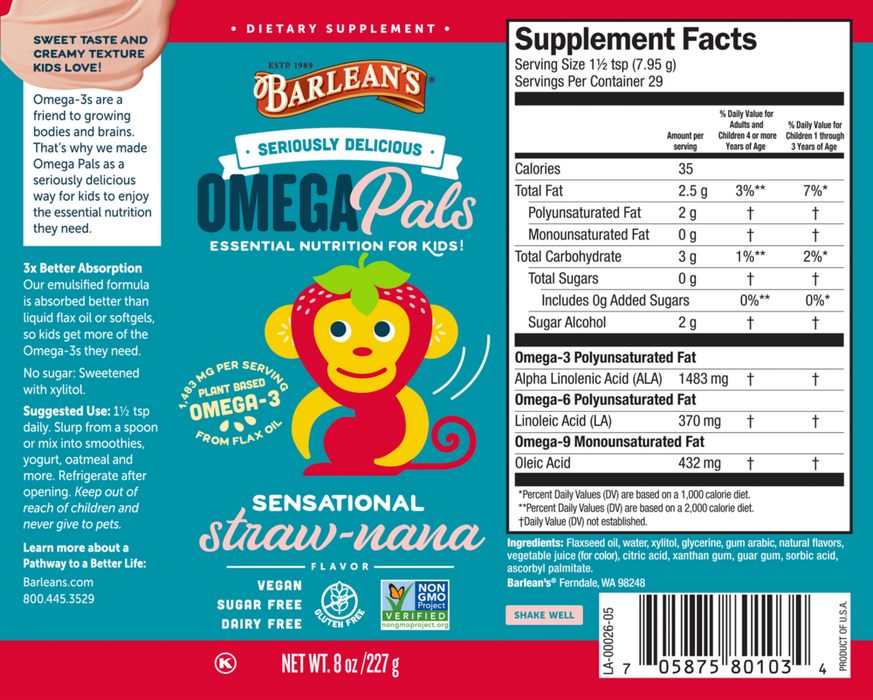 Seriously Delicious Omega Pals Sensational Straw-nana Flax Oil 8 oz by Barlean's Organic Oils recommendations label