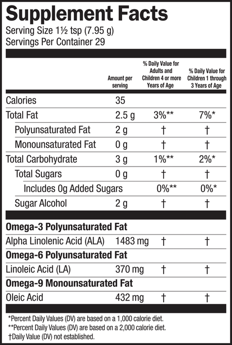 Seriously Delicious Omega Pals Sensational Straw-nana Flax Oil 8 oz by Barlean's Organic Oils supplement facts label