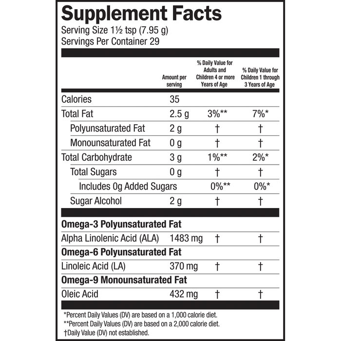 Seriously Delicious Omega Pals Sensational Straw-nana Flax Oil 8 oz by Barlean's Organic Oils supplement facts label