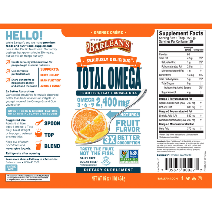 Seriously Delicious Orange Creme Total Omega 16 oz by Barlean's Organic Oils recommendations label