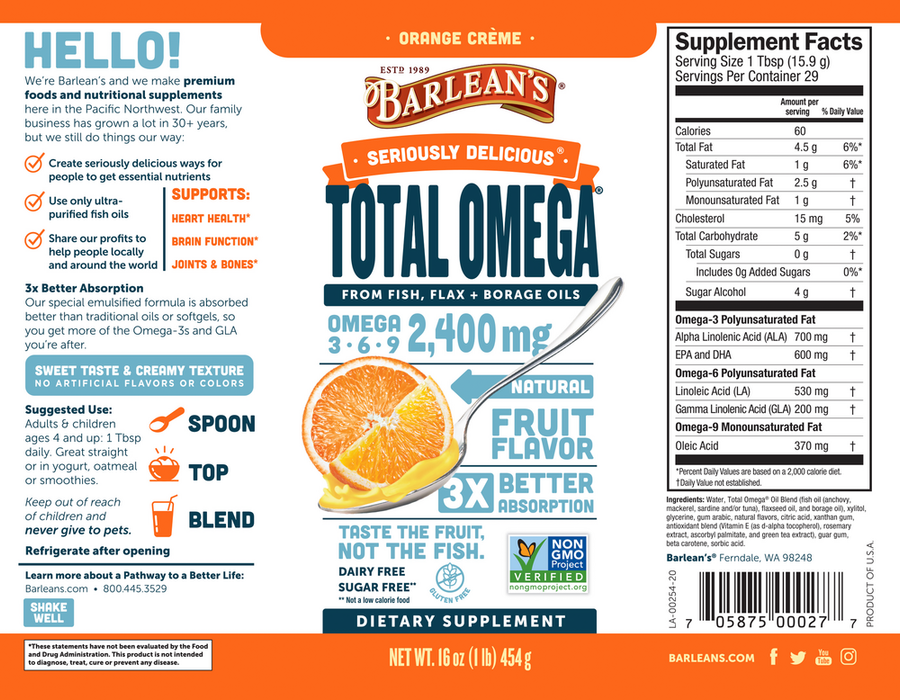 Seriously Delicious Orange Creme Total Omega 16 oz by Barlean's Organic Oils recommendations label