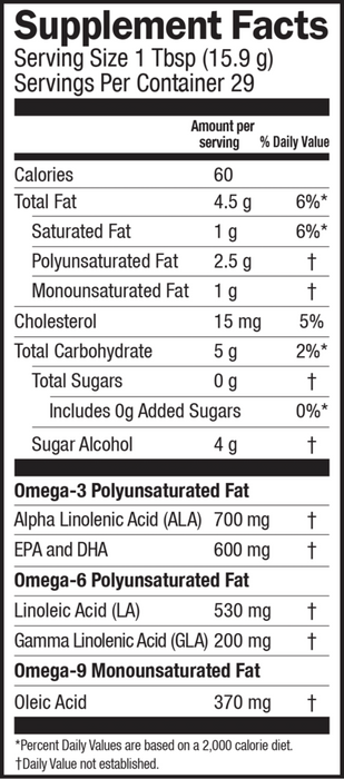 Seriously Delicious Orange Creme Total Omega 16 oz by Barlean's Organic Oils supplement facts label
