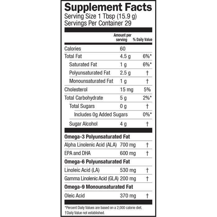 Seriously Delicious Orange Creme Total Omega 16 oz by Barlean's Organic Oils supplement facts label