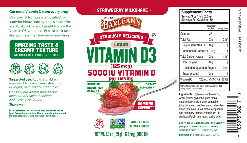 Seriously Delicious Vitamin D3 Strawberry Milkshake 5.6 oz by Barlean's Organic Oils recommendations label