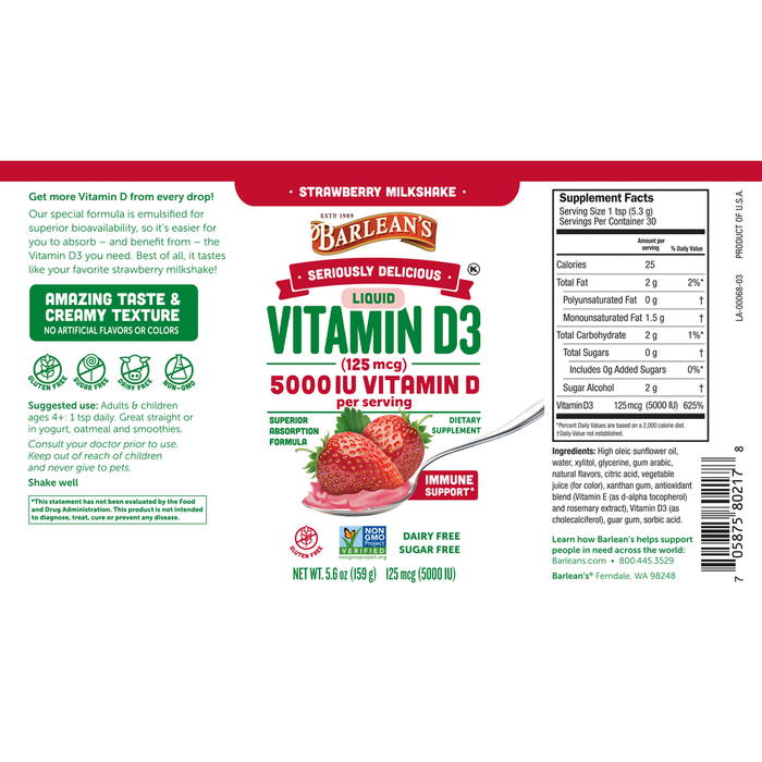 Seriously Delicious Vitamin D3 Strawberry Milkshake 5.6 oz by Barlean's Organic Oils recommendations label