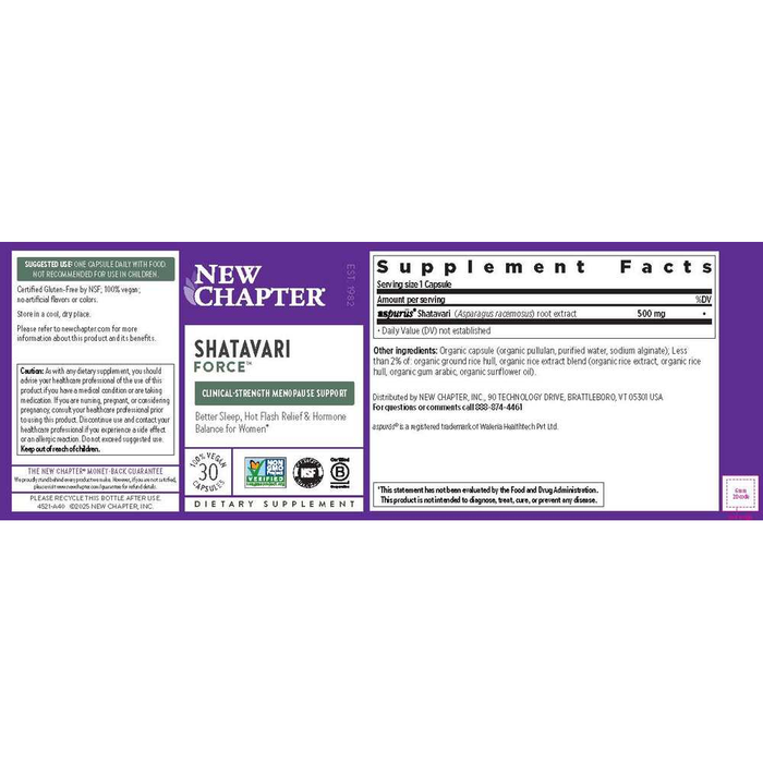 Shatavari Force 30 Capsules by New Chapter facts label
