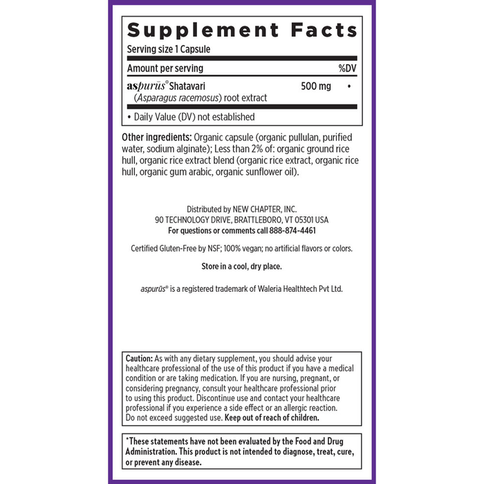 Shatavari Force 30 Capsules by New Chapter supplement facts label
