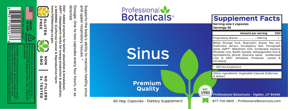 Sinus 60 Capsules by Professional Botanicals information label