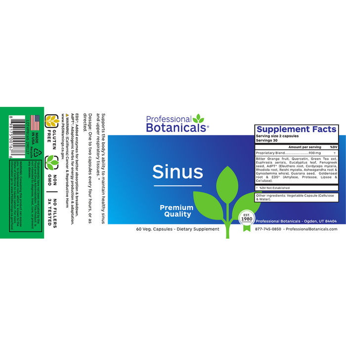 Sinus 60 Capsules by Professional Botanicals information label