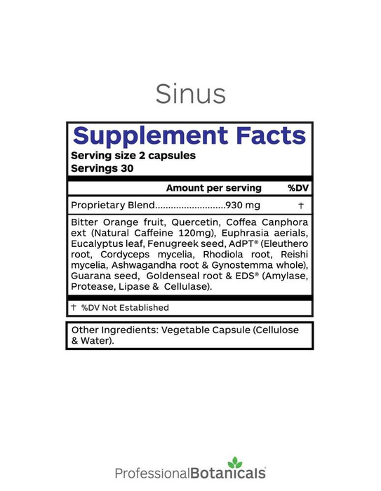 Sinus 60 Capsules by Professional Botanicals supplement facts label