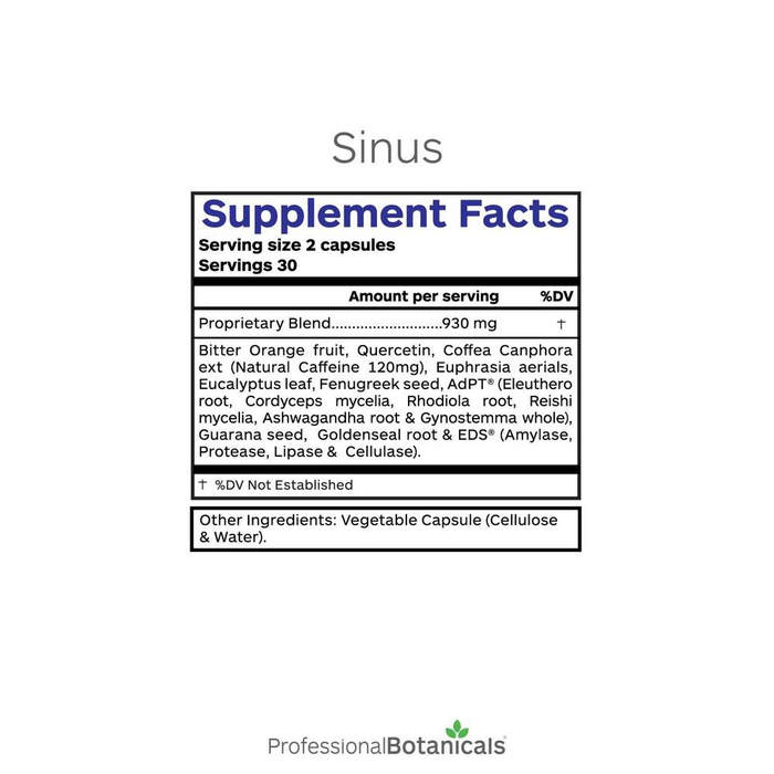 Sinus 60 Capsules by Professional Botanicals supplement facts label