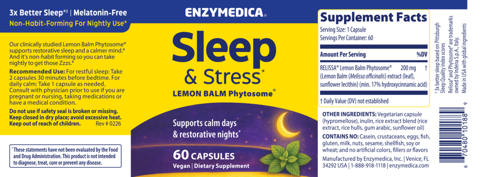 Sleep & Stress 60 Capsules by Enzymedica information label