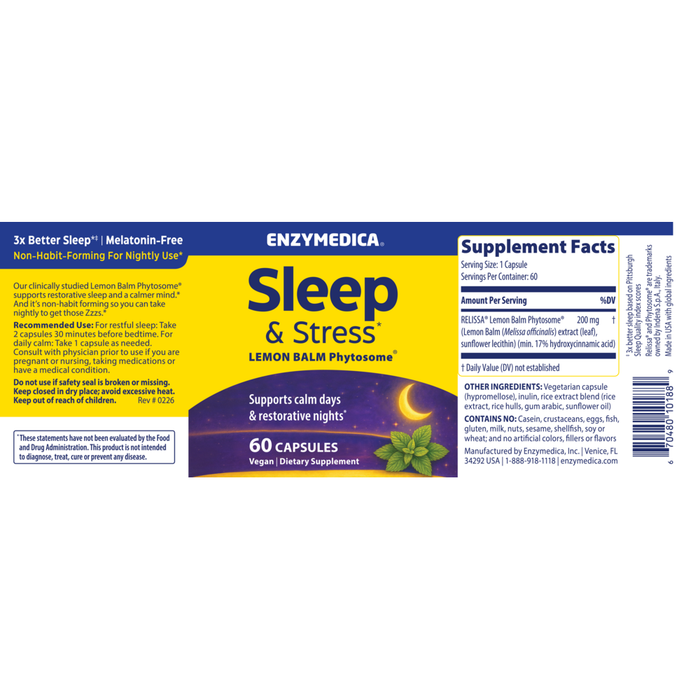 Sleep & Stress 60 Capsules by Enzymedica information label