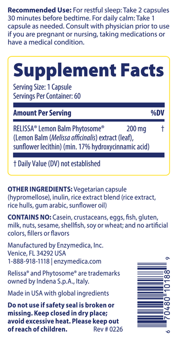 Sleep & Stress 60 Capsules by Enzymedica supplement facts label