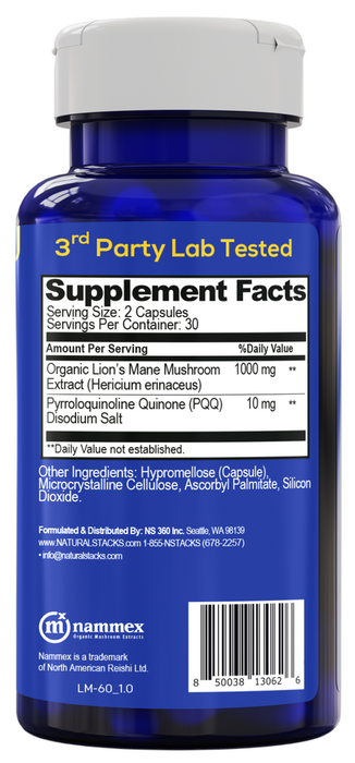 Smart Lion's Mane 60 Capsules by Natural Stacks supplement facts label