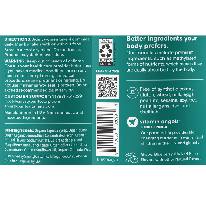 SmartyPants Prenatal Organic Multi & Omegas 90 Gummies by SmartyPants Vitamins information label 
