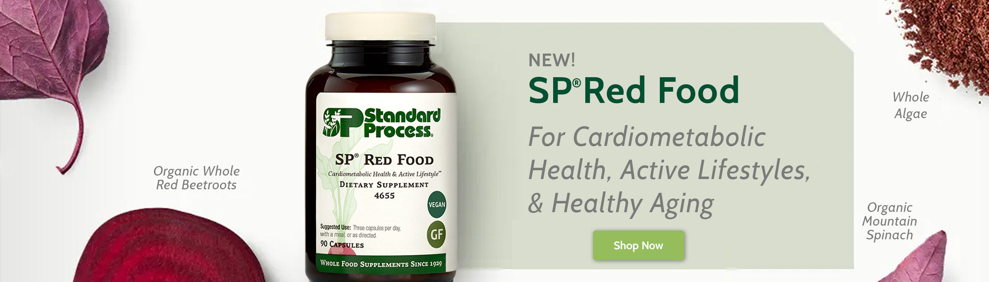 Standard Process SP Red Food supplement bottle with promotional text on a white background