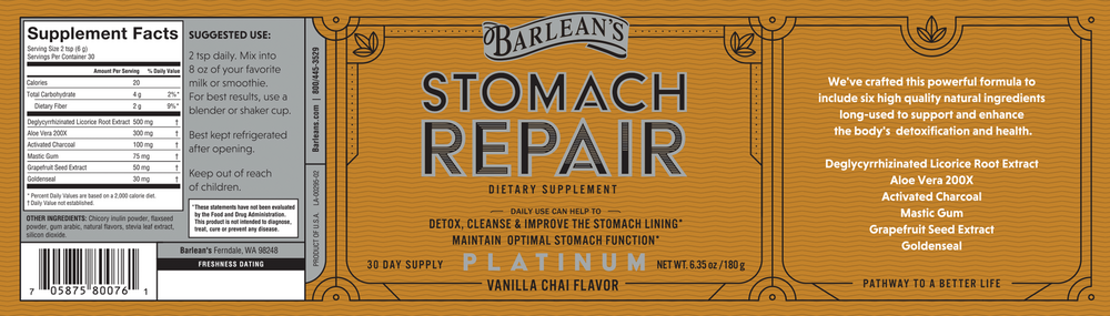 Stomach Repair Vanilla Chai 30 Servings by Barlean's Organic Oils recommendations label