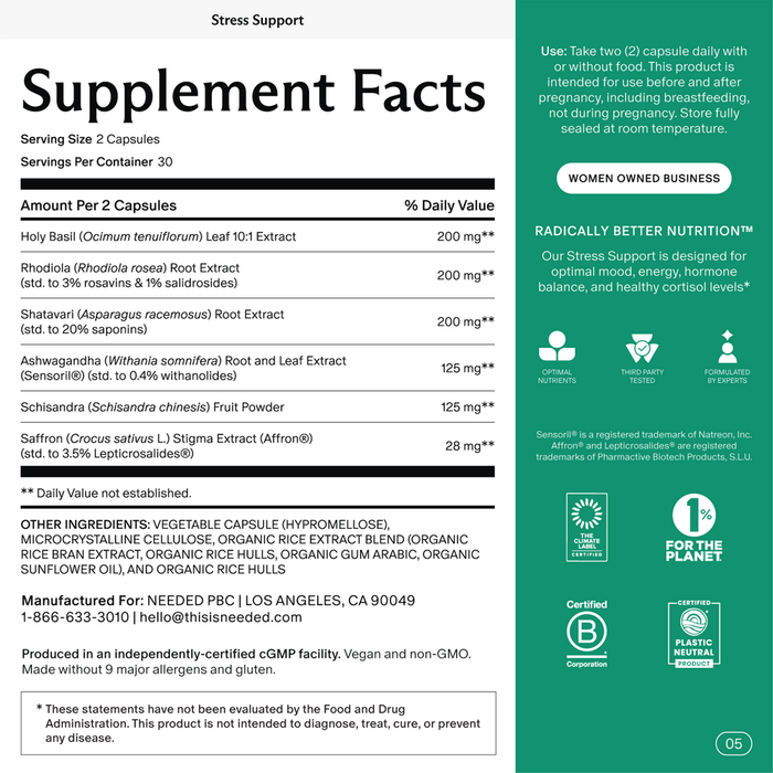 Needed Stress Support supplement Supplement Facts 60 vegan capsules