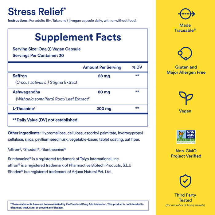 Stress Relief BioSeries 30 Capsules by Ritual supplement facts label

