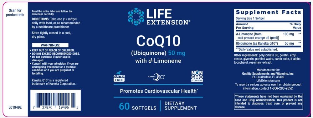Super-Absorbable CoQ10 50mg 60 Softgels by Life Extension information label