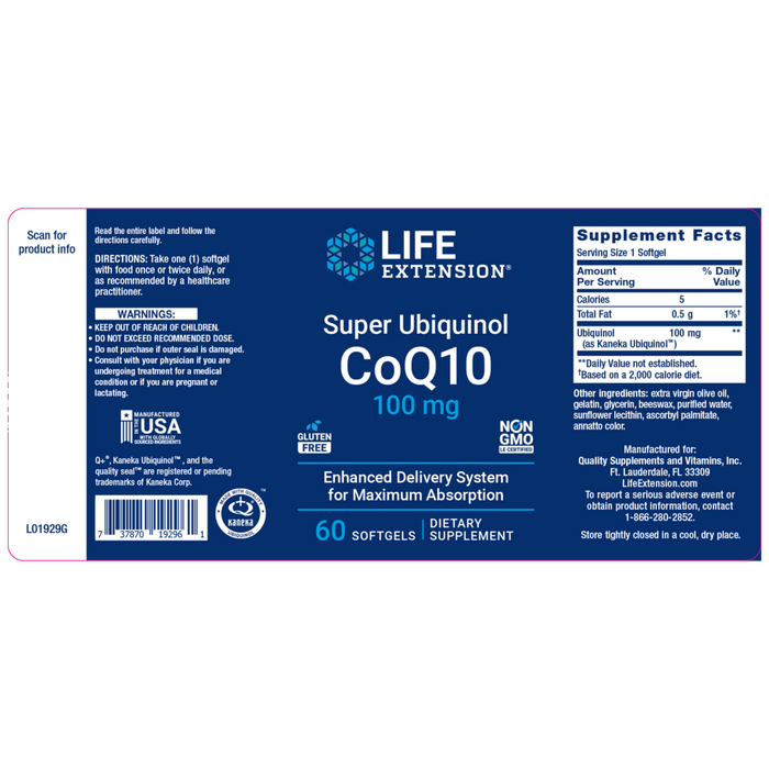 Super Ubiquinol CoQ10 100mg 60 Softgels by Life Extension packaging information label