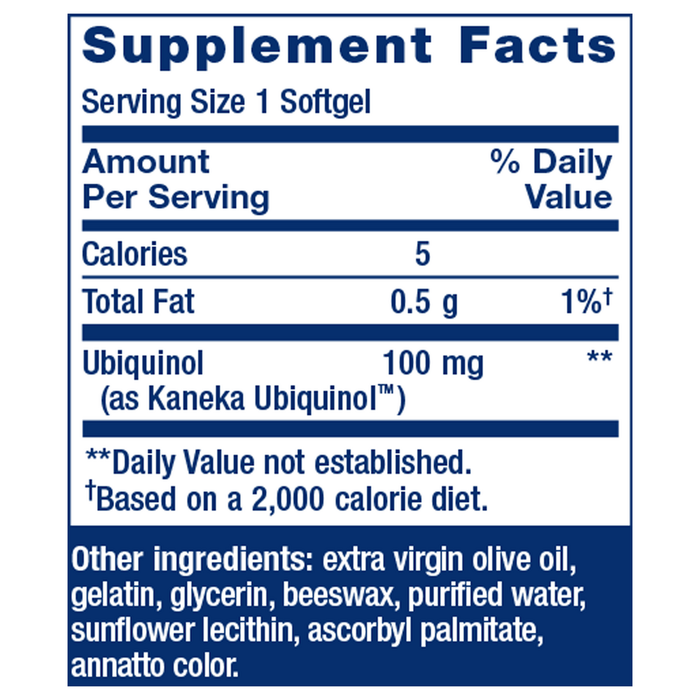 Super Ubiquinol CoQ10 100mg 60 Softgels by Life Extension packaging supplement facts label