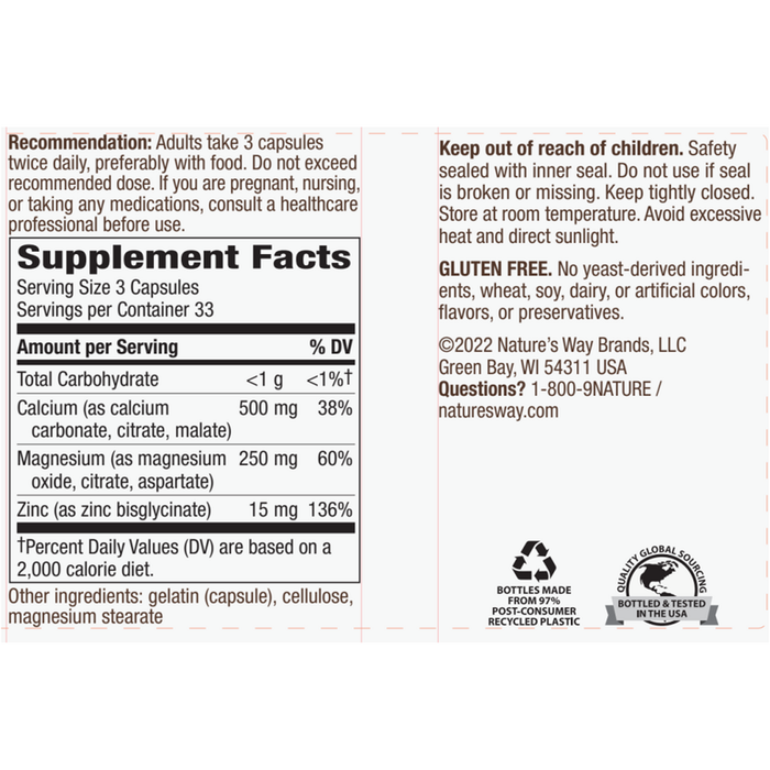 Nature's Way, Calcium Magnesium & Zinc, Product Label