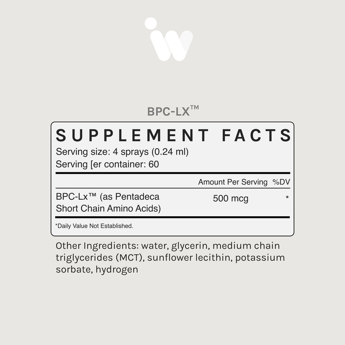 Supplement facts label for BPC LZ Pro Spray on a light gray background
