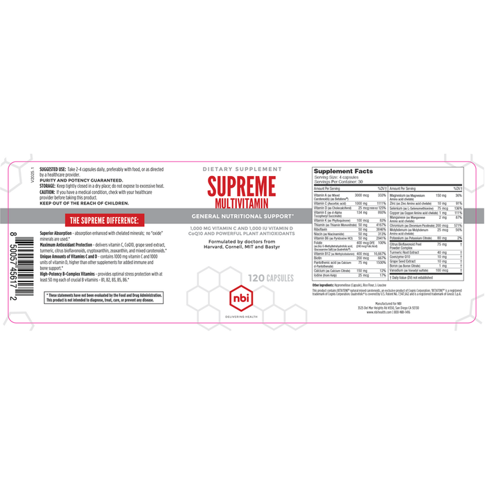 Supreme Multivitamin 120 Capsules by NBI Supplement Facts