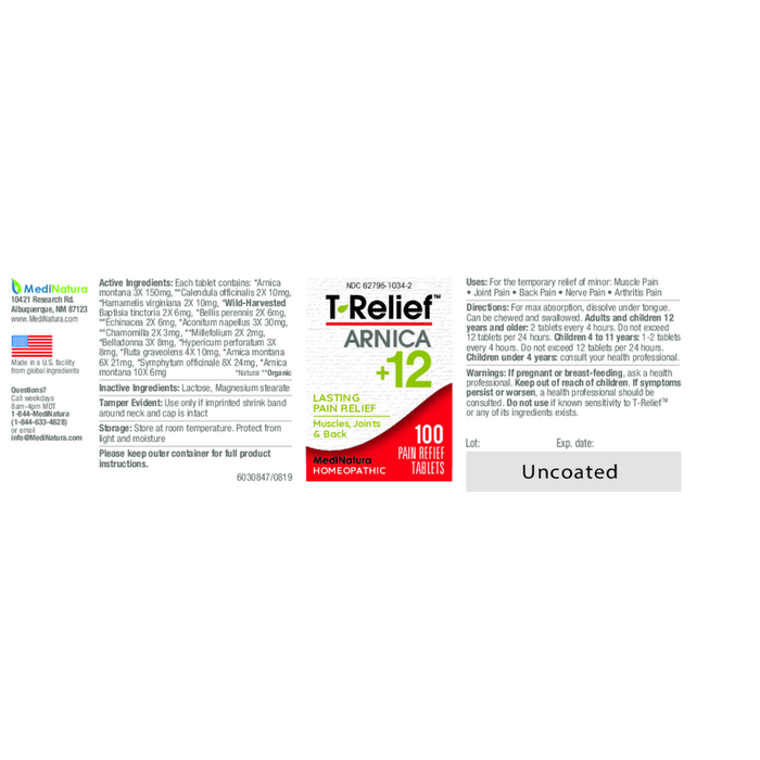 T-Relief Extra Strength Pain Relief 100 Tablets by MediNatura supplement facts
 