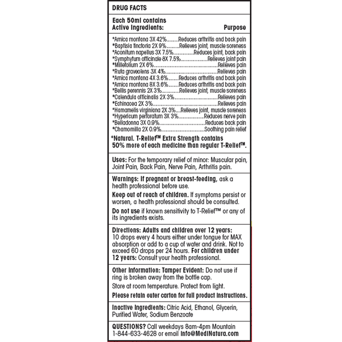 T-Relief Pain Tablets 100 Tablets by MediNatura  supplement facts label
