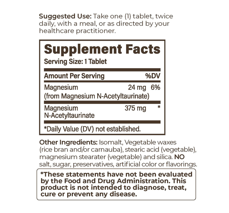 TauroMag SR 375mg 90 Tablets by Endurance Products supplement facts label
