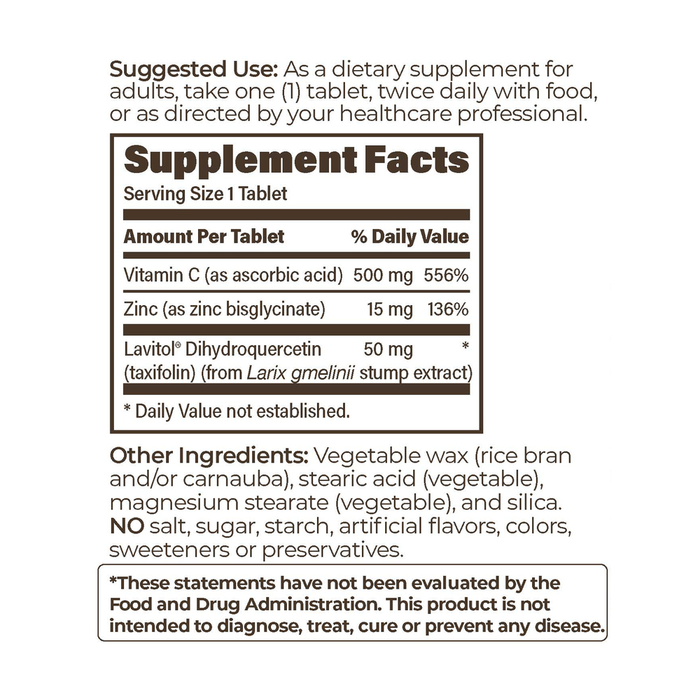 Taxifolin Complex SR 60 Tablets by Endurance Products supplement facts label

