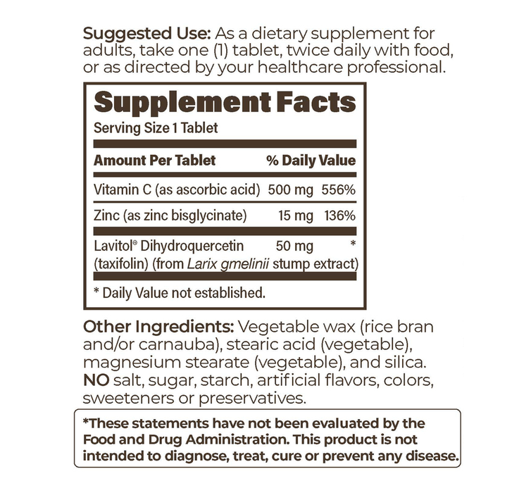 Taxifolin Complex SR 60 Tablets by Endurance Products supplement facts label
