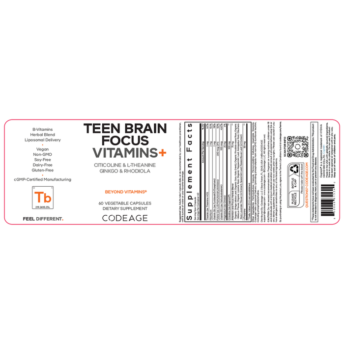 Teen Brain Focus Vitamins+ 60 Capsules by CodeAge information label
