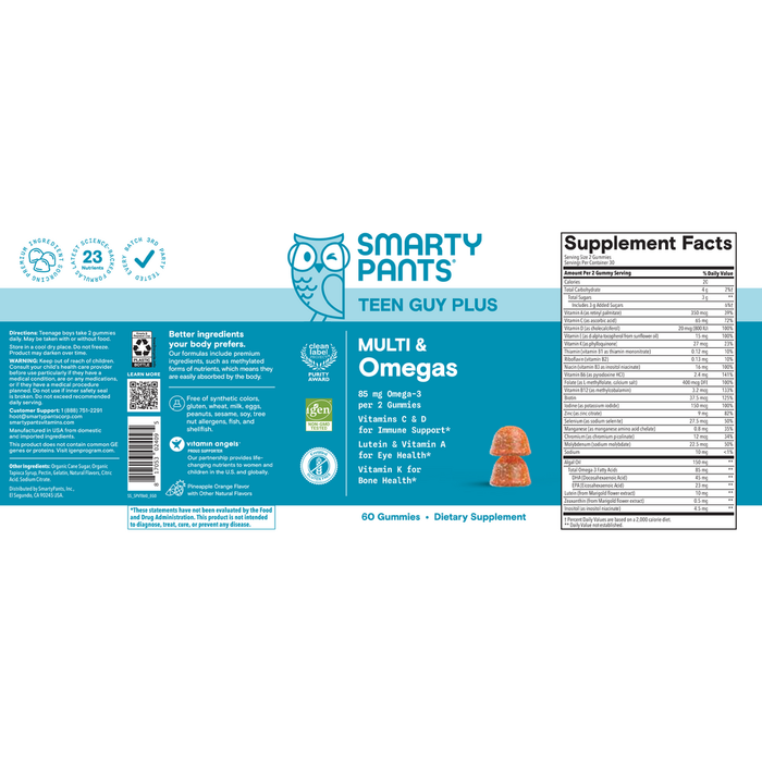 Teen Guy Plus Multi & Omegas 60 Gummies by SmartyPants Vitamins information facts 

